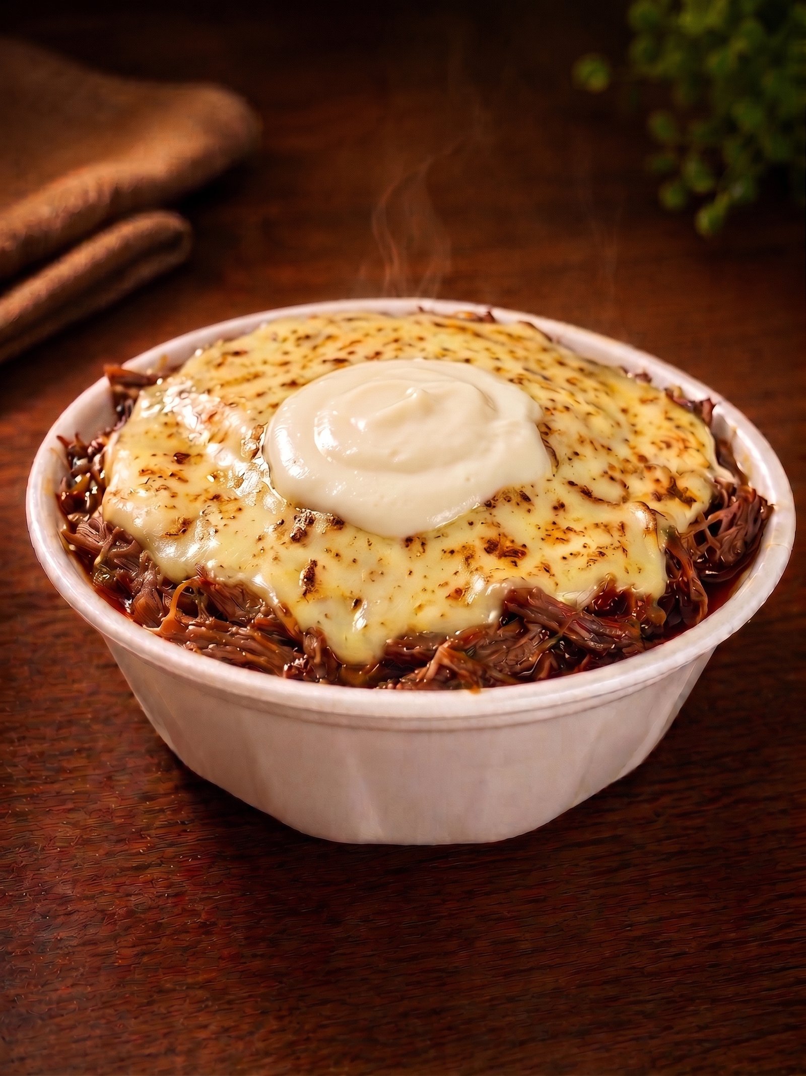 Pote Batatudo de Costela Desfiada, com queijo gratinado e um toque de requeijão por cima