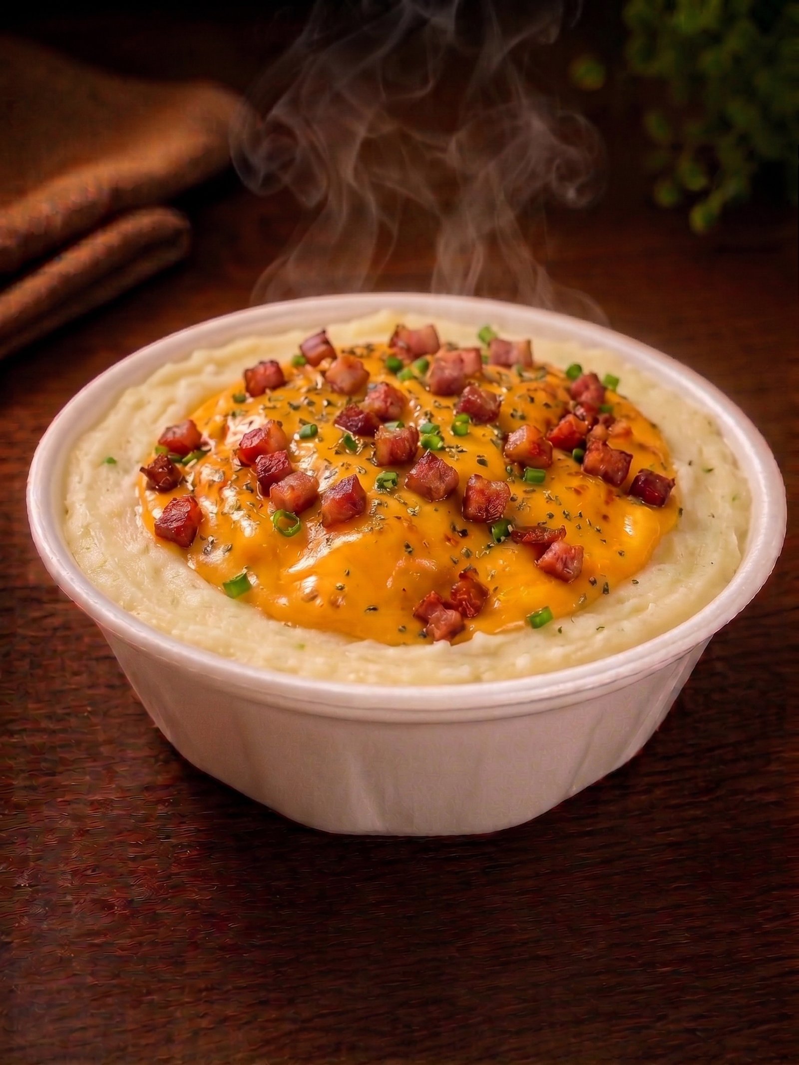 Pote Batatudo de Cheddar e Bacon, com molho de cheddar cremoso e bacon crocante